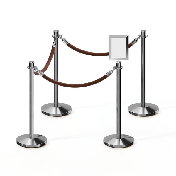 Montour Line Stanchion Post & Rope Kit Pol.Steel, 4CrownTop 3Tan Rope 8.5x11V Sign C-Kit-3-PS-CN-1-Tapped-1-8511-V-3-PVR-TN-PS